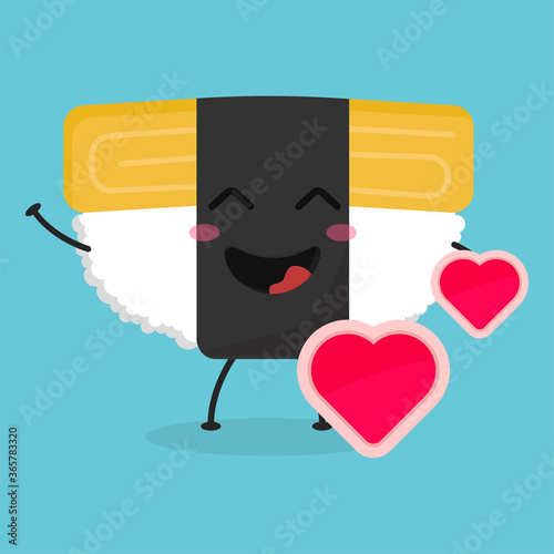 Cute flat cartoon Tamago sushi illustration. Vector illustration of cute sushi with a smiling expression.