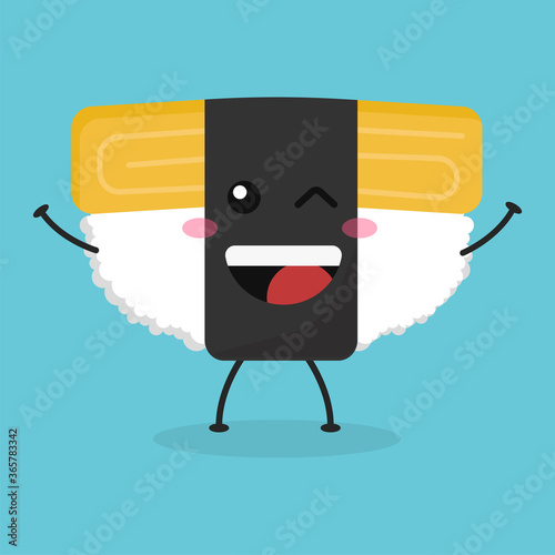 Cute flat cartoon Tamago sushi illustration. Vector illustration of cute sushi with a smiling expression.