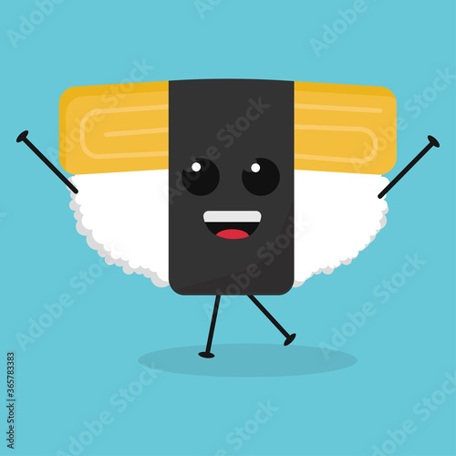 Cute flat cartoon Tamago sushi illustration. Vector illustration of cute sushi with a smiling expression.