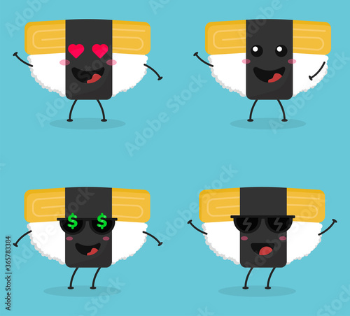 Cute flat cartoon Tamago sushi illustration. Vector illustration of cute sushi with a smiling expression.