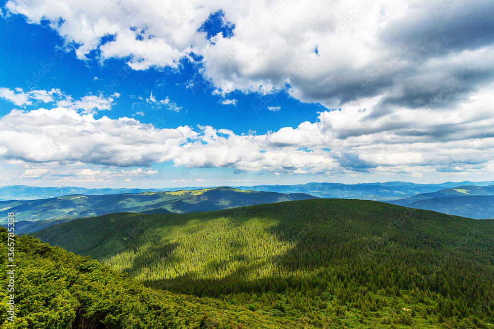 Mountain landscape with beautiful, low clouds. Carpathians. Ukraine. Nature. Leisure. Tourism.