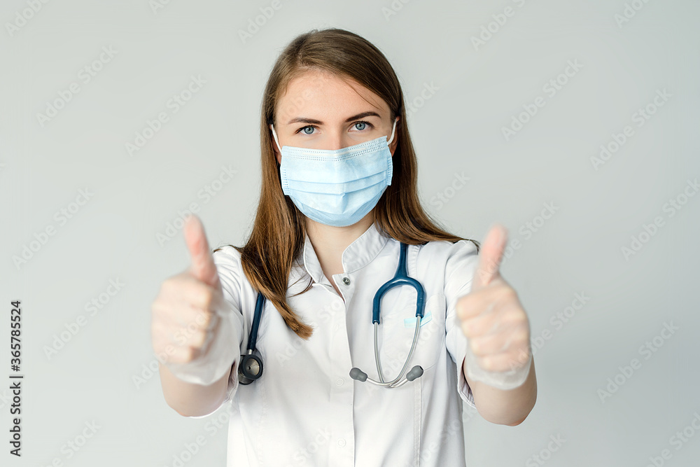 Doctor, Wearing, Medical, face, Mask, Gloves, Isolated, thumb, up., Preventives, mers, against, virus, concept. Doctor, Wearing, Medical, face, Mask, Gloves, Isolated, thumb, up., Preventives, mers, against, virus, concept.
