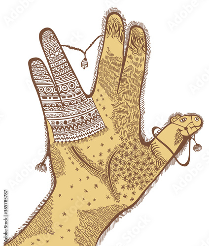 Illustration of hand with stylized camel inside