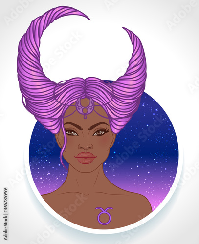 Illustration of Taurus astrological sign as a beautiful African American girl. Zodiac vector illustration isolated on white. Future telling, horoscope, alchemy, spirituality, fashion black woman.