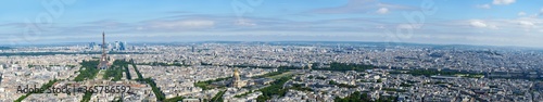 Paris aerial cityscape from Eiffel tower to Palais Royal with Trocadeo, Arc de Triomphe, Hotel des invalides, Pont Alexandre III, Grand palais, Place de la Concorde and Montmartre.