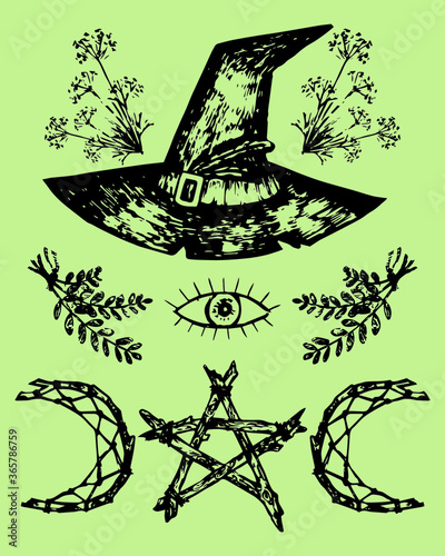 vector set of graphic icons. Stickers with magic witches' wiccan symbols. Monochrome illustrations of  magic witch's hat,  watching eye, pentagram and herbs. On green background