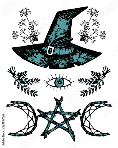 vector set of graphic black and blue icons. Stickers with magic witches' wiccan symbols. Monochrome illustrations of  magic witch's hat,  watching eye, pentagram and herbs. On white background