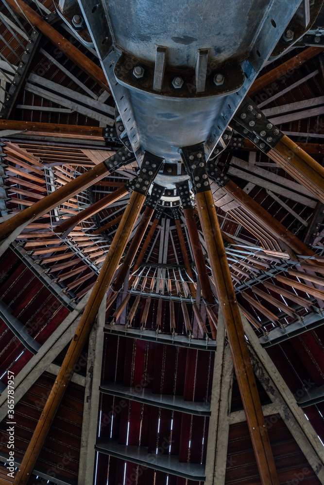 Wooden observation tower taken from ground level