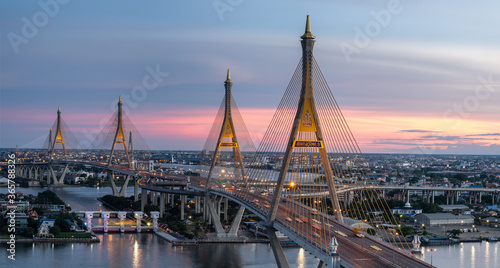 BANGKOK, THAILAND - JULY 17, 2020: Panorama of The Bhumibol Bridge , also known as the Industrial Ring Road Bridge is part of the Long Industrial Ring Road. Seven shots high-resolution stitch image photo