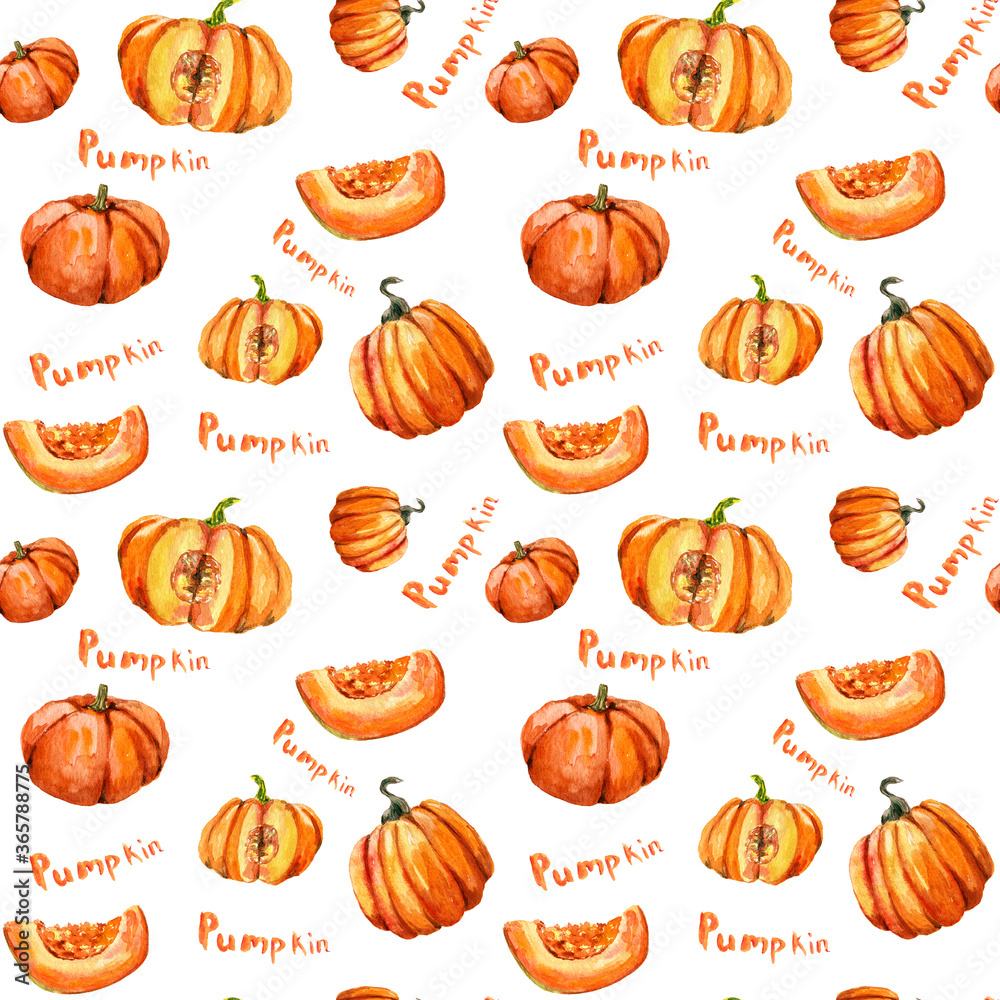 Seamless pattern with pumpkins and lettering for halloween and Fall on white background. Watercolor hand painted orange round and cut pumpkins. autumn textile, wrapping paper, fabric.
