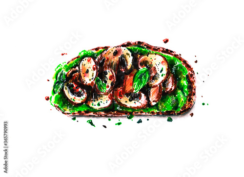 Hand drawn marker illustration of sandwich with avocado,sliced mushrooms, salad leaves, spices. Delicious snack isolated on white. Tasty toast on brown bread with seeds. For food blog, packaging, menu