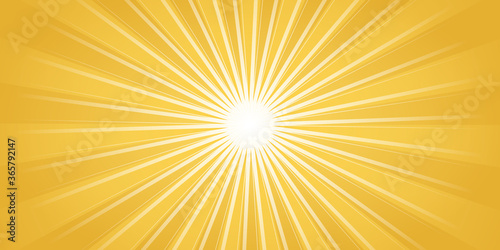Vintage pop art rays sun light yellow white presentation background. Sunny banner vector illustration. abstract summer background with sun. Sunshine orange sky. White warm sunlight.