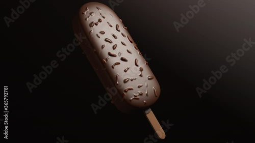 Chocolate ice cream popsicle on a stick covered with nuts, almond, hazelnut. Rotation animation. Studio lighting. Black background. 3D realistic rendering with alpha channel