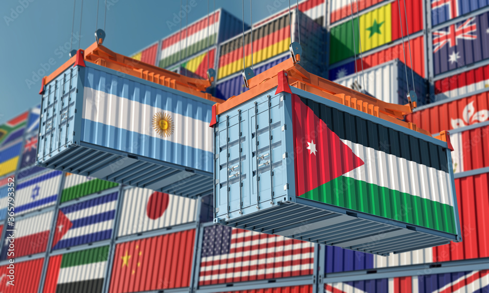 Freight containers with Jordan and Argentina flag. 3D Rendering 