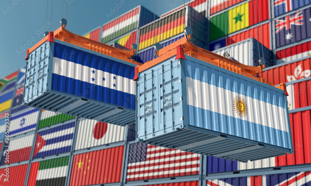 Freight containers with Honduras and Argentina flag. 3D Rendering 