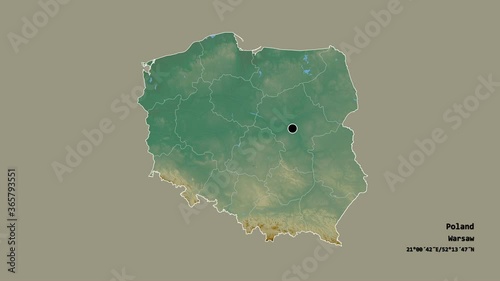 Podlachian, voivodeship of Poland, with its capital, localized, outlined and zoomed with informative overlays on a relief map in the Stereographic projection. Animation 3D photo