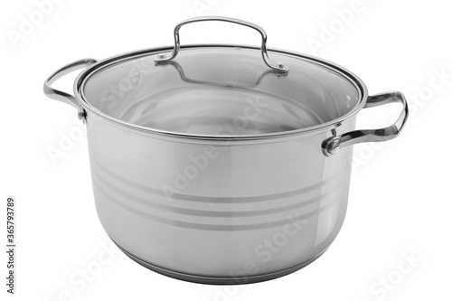 stainless steel pan with glass lid, white background