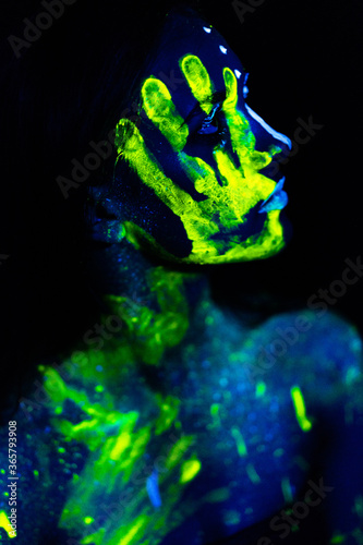 abstract blue background with human head and hands