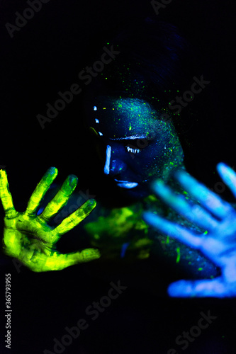 abstract blue background with human head and hands