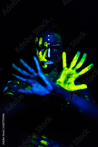 abstract blue background with human head and hands