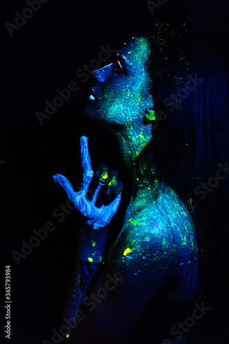 abstract blue background with human head and hands