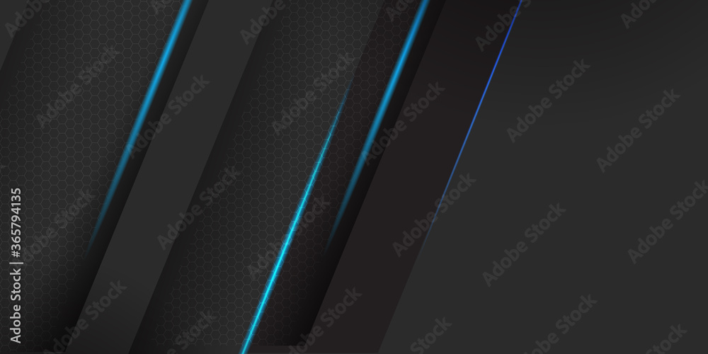 Trendy composition of blue technical shapes on black background. Dark metallic perforated hexagonal texture design. Technology illustration. Vector header banner Trendy composition of blue technical shapes on black background. Dark metallic perforated hexagonal texture design. Technology illustration. Vector header banner