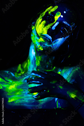 abstract blue background with human head and hands