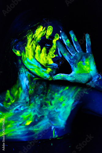 abstract blue background with human head and hands
