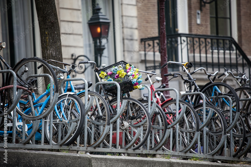 many parked bicycles on the street of Amsterdam