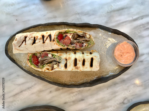 Turkish Shawarma with Albanian Liver and Avocado Puree. photo