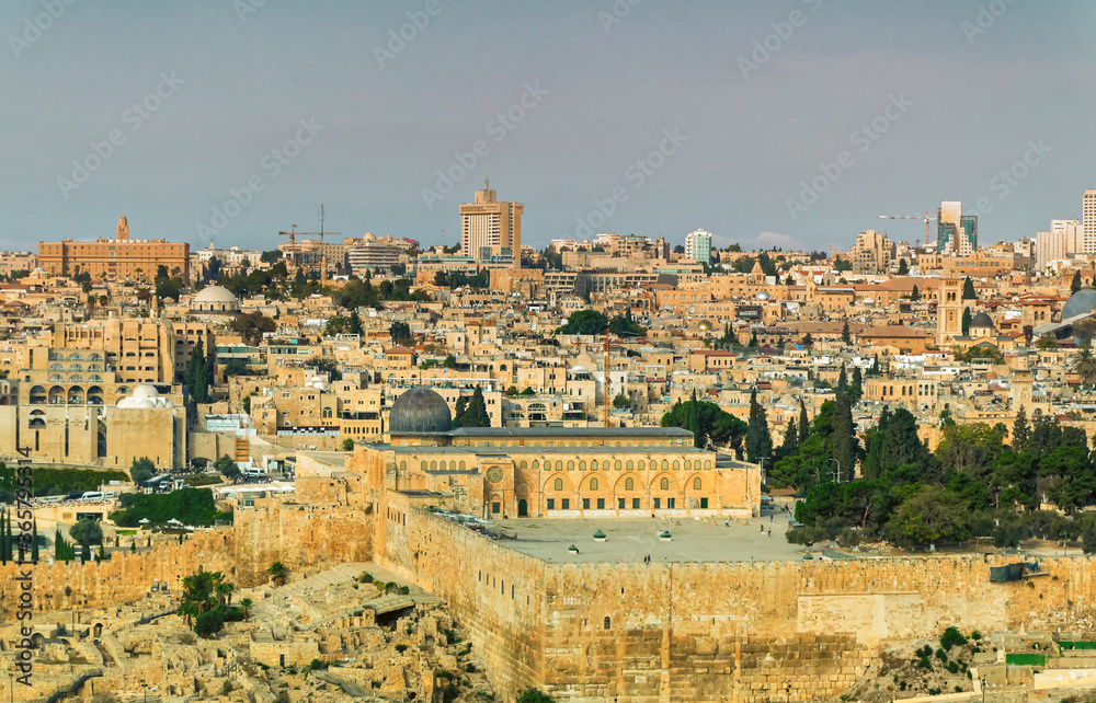 Panoramically view over old city of Jerusalem with streets full of vehicles in Jerusalem, Israel.