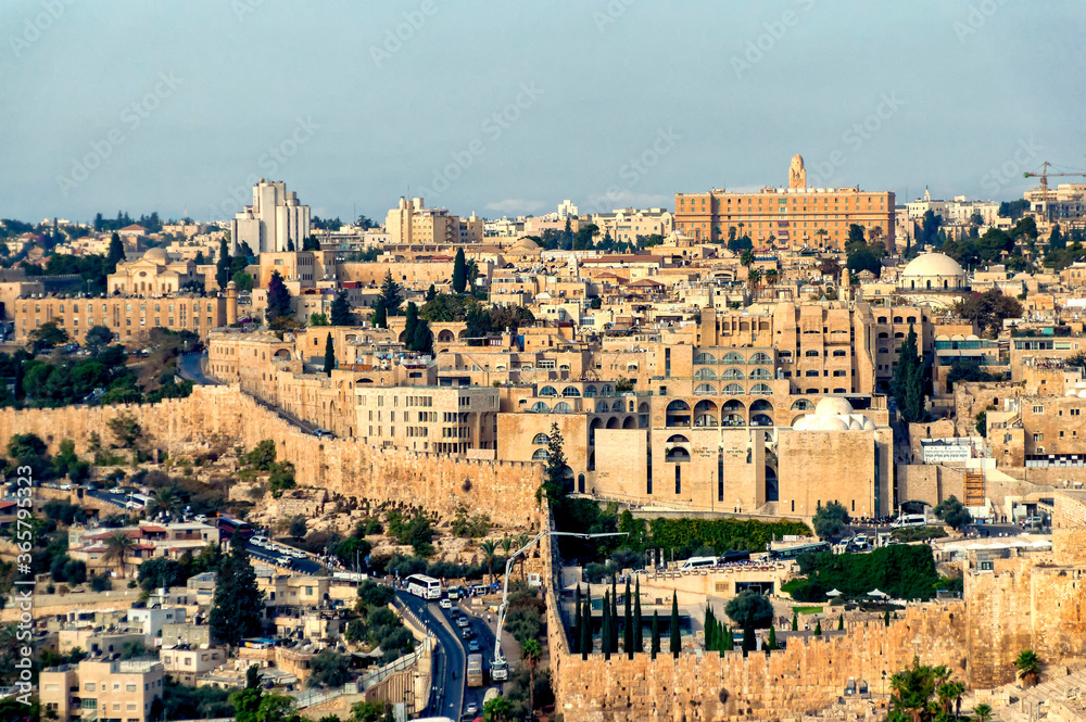 Panoramically view over old city of Jerusalem with streets full of vehicles in Jerusalem, Israel.