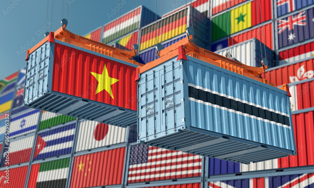 Freight containers with Vietnam and Botswana flag. 3D Rendering 