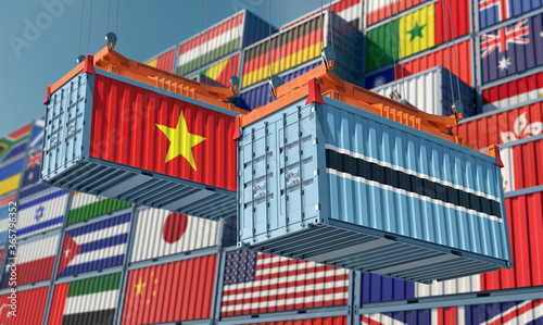 Freight containers with Vietnam and Botswana flag. 3D Rendering 