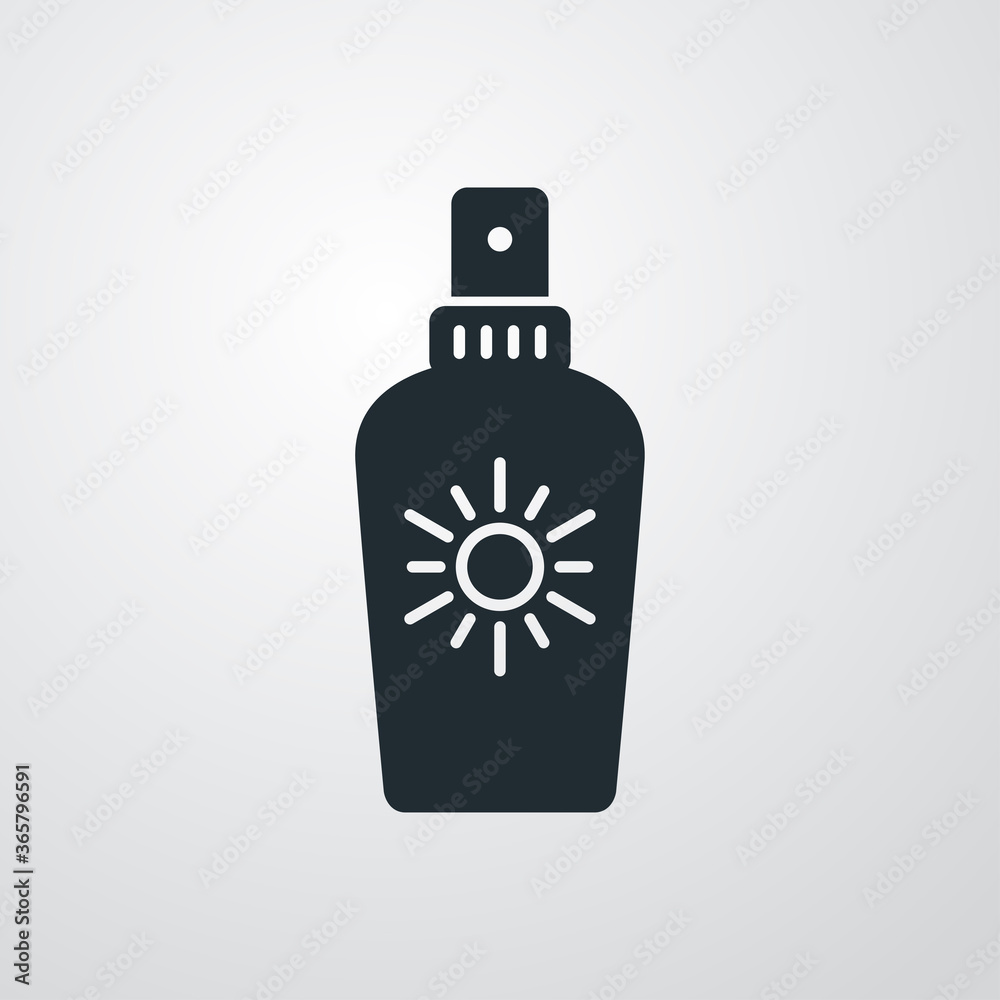Obraz premium Concepto vacaciones de verano. Icono plano crema solar en aerosol en fondo gris