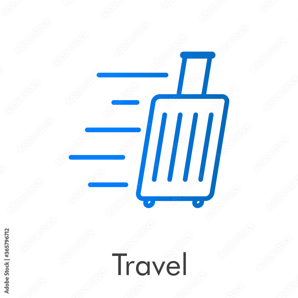 Concepto Agencia de Viajes. Logotipo lineal maleta con ruedas con líneas de movimiento y palabra Travel en color azul Concepto Agencia de Viajes. Logotipo lineal maleta con ruedas con líneas de movimiento y palabra Travel en color azul