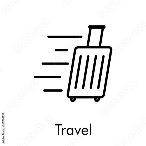 Concepto Agencia de Viajes. Logotipo lineal maleta con ruedas con líneas de movimiento y palabra Travel en color negro 