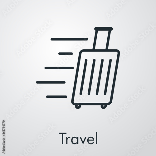 Concepto Agencia de Viajes. Logotipo lineal maleta con ruedas con líneas de movimiento y palabra Travel en fondo gris
