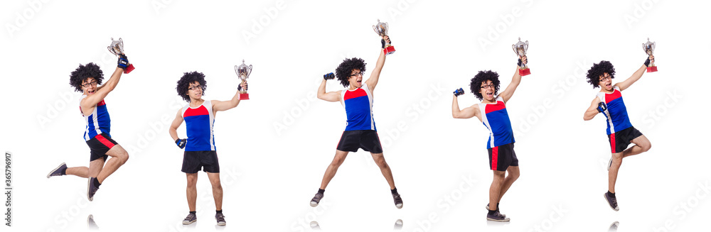 Funny man after winning gold cup isolated on white Funny man after winning gold cup isolated on white