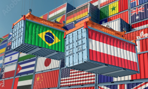 Freight containers with Austria and Brazil flag. 3D Rendering 