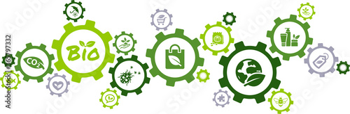 bio products vector illustration. Concept with connected icons related to green and sustainable company, brand identity, eco-friendly product, environmental consciousness, corporate mission.
