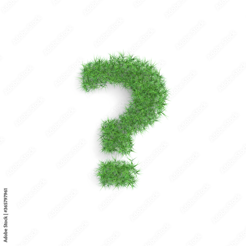 Question mark symbol made of green grass isolated on white background, part of the set. Sustainable technology or lifestyle related 3d rendering Question mark symbol made of green grass isolated on white background, part of the set. Sustainable technology or lifestyle related 3d rendering