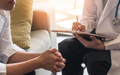 Menopause woman, stressful patient consulting with doctor or psychiatrist who diagnostic examining on obstetric - gynaecological female illness, or mental health in medical clinic or hospital