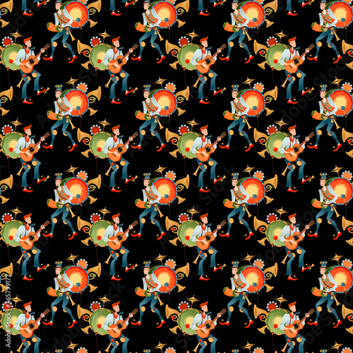 Street performer. Singing musician. One Man band. Seamless background pattern.