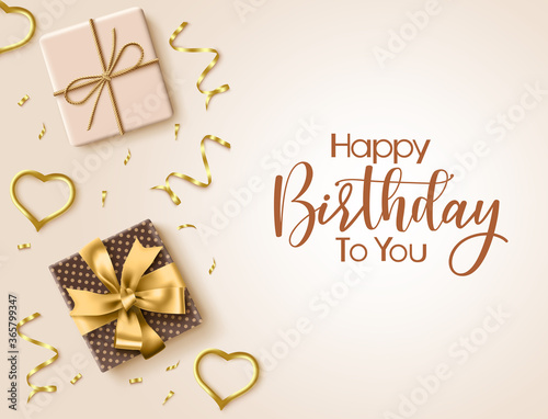 Happy birthday vector greeting background. Happy birthday greeting text in empty space for messages with elegant party elements like golden gift, heart and confetti. Vector illustration  