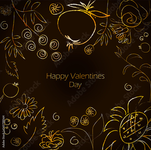 Happy Valentine's Day card template. Black background. Floral pattern