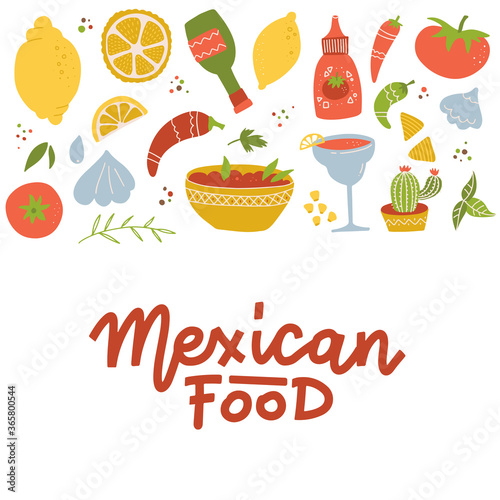 Set of Mexican national tradition food drink and features bright color flat icon isolated vector illustration. Hand drawn lettering Mexican food.