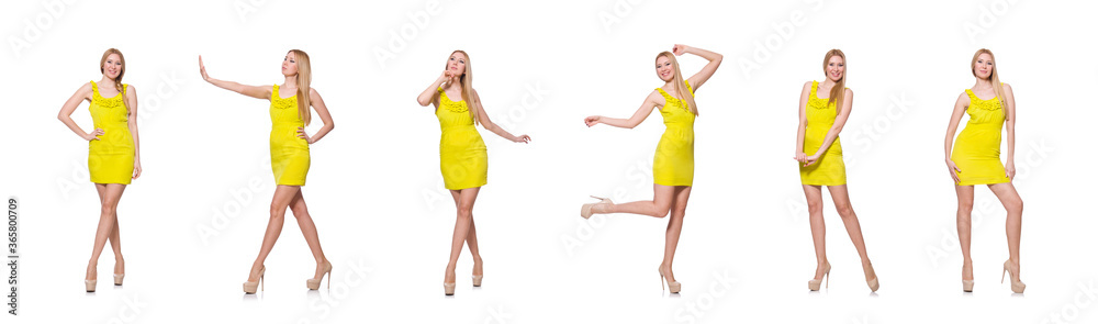 Pretty tall woman in short yellow dress isolated on white Pretty tall woman in short yellow dress isolated on white