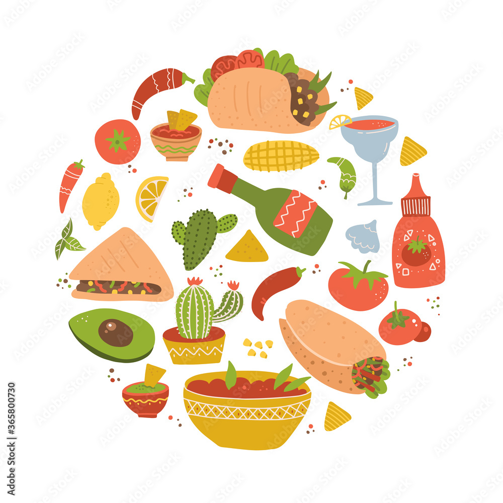 Colorful hand drawn set of Mexican food cartoon tasty objects, symbols and items - taco, burrito, margarita, cactus. Round shape composition. Flat vector illustration. Colorful hand drawn set of Mexican food cartoon tasty objects, symbols and items - taco, burrito, margarita, cactus. Round shape composition. Flat vector illustration.
