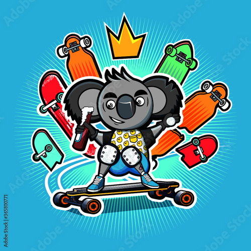 Cartoon Koala makes a slide on the longboard